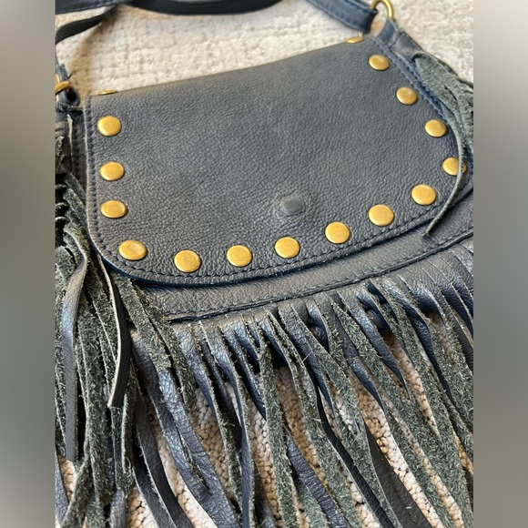 Borse in Pelle Genuine Italian Leather Navy Blue Fringe Boho Crossbody - Picture 3 of 9